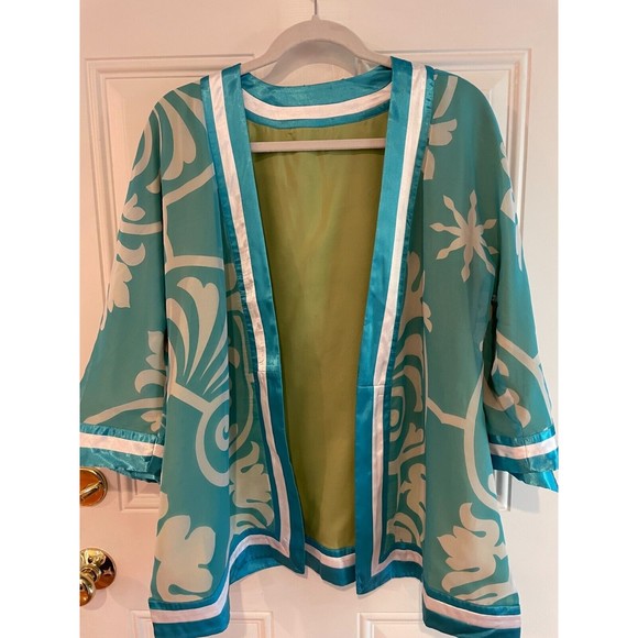 Randolph Duke SILK Open Front Short Kimono Blue Green Reversible Sz 8 Boho Artsy - Picture 1 of 13